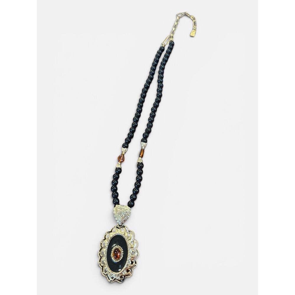 1928 Jewelry Gothic Black Cameo Necklace Amber Rhinestone 18”